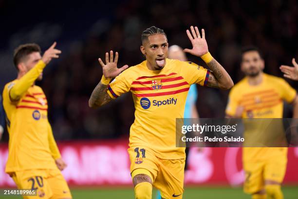 Raphael Dias 'Raphinha' of FC Barcelona celebrates after scoring his team's first goal during the UEFA Champions League quarter-final first leg match...