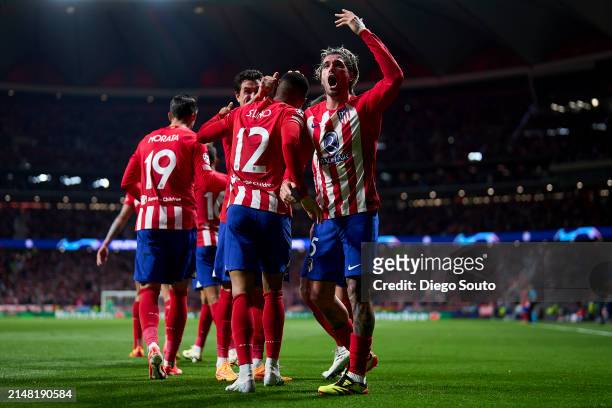 Samuel Lino of Atletico Madrid celebrates after scoring his team's second goal with teammatesduring the UEFA Champions League quarter-final first leg...