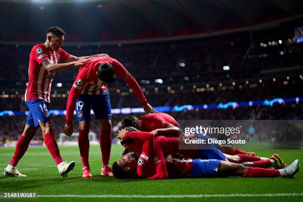 Samuel Lino of Atletico Madrid celebrates after scoring his team's second goal with teammatesduring the UEFA Champions League quarter-final first leg...