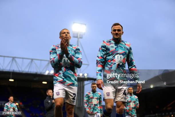 Harry Clarke and George Edmundson of Ipswich Town warm up prior to the Sky Bet Championship match between Ipswich Town and Watford at Portman Road on...