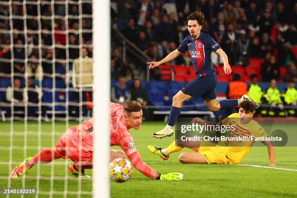 Vitinha of Paris Saint-Germain scores his side's second goal during the UEFA Champions League quarter-final first leg match between Paris...