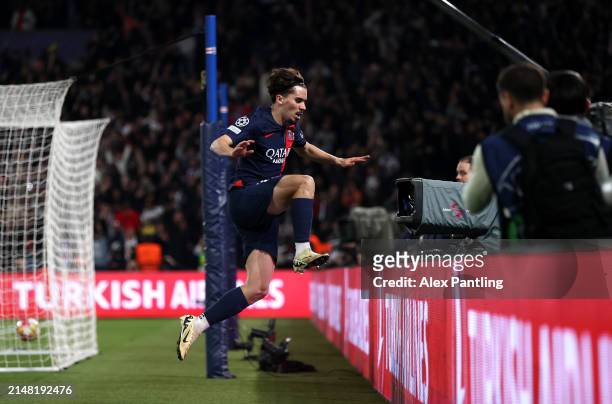 Vitinha of Paris Saint-Germain celebrates scoring his team's second goal during the UEFA Champions League quarter-final first leg match between Paris...