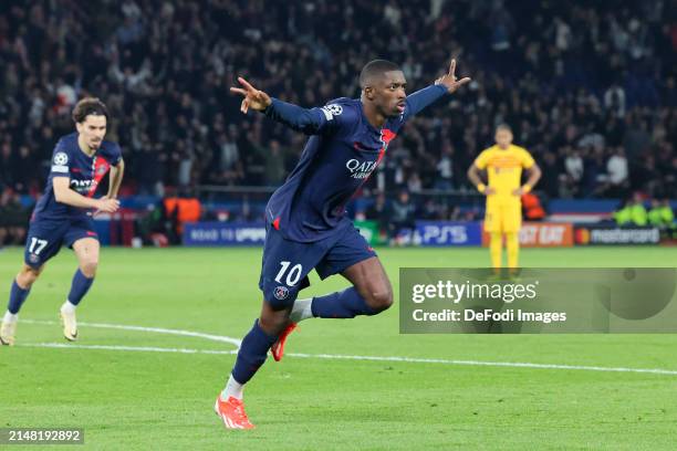 Ousmane Dembele of Paris Saint-Germain celebrates after scoring his teams first goal during the UEFA Champions League quarter-final first-leg match...