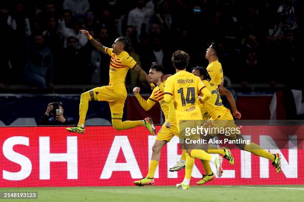 Raphinha of FC Barcelona celebrates scoring his team's second goal during the UEFA Champions League quarter-final first leg match between Paris...