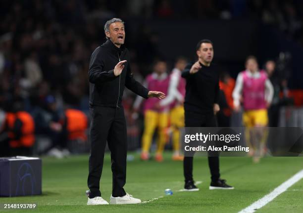 Luis Enrique, Head Coach of Paris Saint-Germain, reacts during the UEFA Champions League quarter-final first leg match between Paris Saint-Germain...