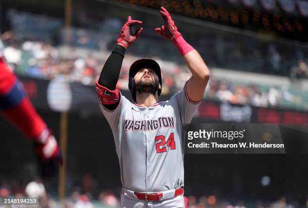 Joey Gallo of the Washington Nationals celebrates after he hit a solo home run against the San Francisco Giants in the top of the second inning at...