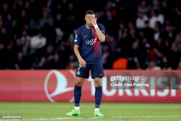 Kylian Mbappe of Paris Saint-Germain reacts during the UEFA Champions League quarter-final first leg match between Paris Saint-Germain and FC...