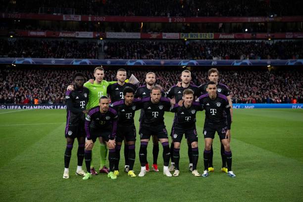 Team photo of Bayern Munich Alphonso Davies, Manuel Neuer, Eric Dier, Konrad Laimer, Leon Goretzka, Leroy Sane, Serge Gnabry, Harry Kane, Joshua...