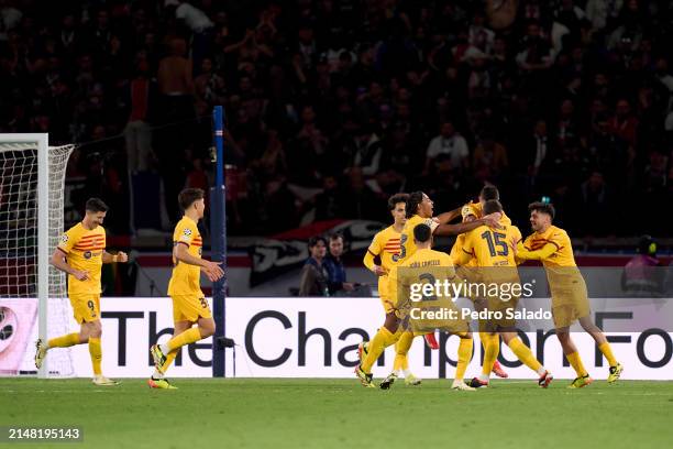 Andreas Christensen of FC Barcelona celebrates with his teammates after scoring his team's third goal during the UEFA Champions League quarter-final...