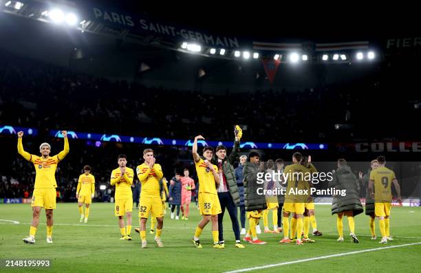 The players of FC Barcelona show appreciation to the fans at full-time following the team's victory in the UEFA Champions League quarter-final first...
