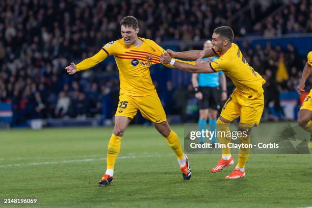 Andreas Christensen of Barcelona celebrates with teammate Ferrán Torres of Barcelona after heading his sides winning goal from a corner kick in...