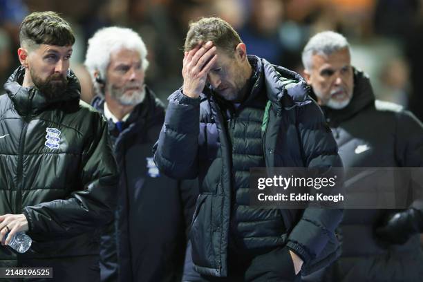 Gary Rowett, Interim Manager of Birmingham City, looks dejected after the team's defeat in the Sky Bet Championship match between Birmingham City and...