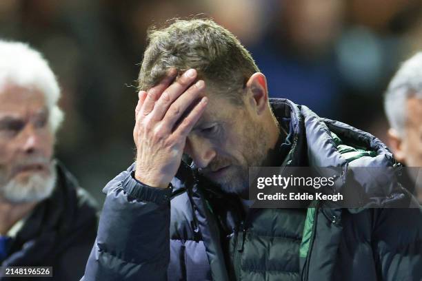 Gary Rowett, Interim Manager of Birmingham City, looks dejected after the team's defeat in the Sky Bet Championship match between Birmingham City and...