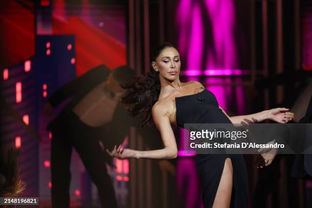 Belen Rodriguez attends the "Stasera C'è Cattelan" TV Show on April 10, 2024 in Milan, Italy.