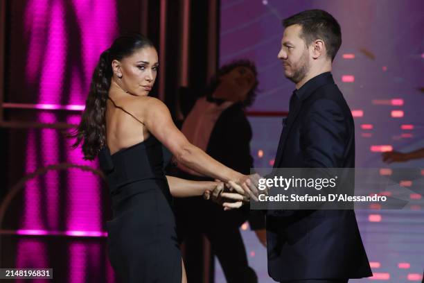 Belen Rodriguez and Alessandro Cattelan attend the "Stasera C'è Cattelan" TV Show on April 10, 2024 in Milan, Italy.