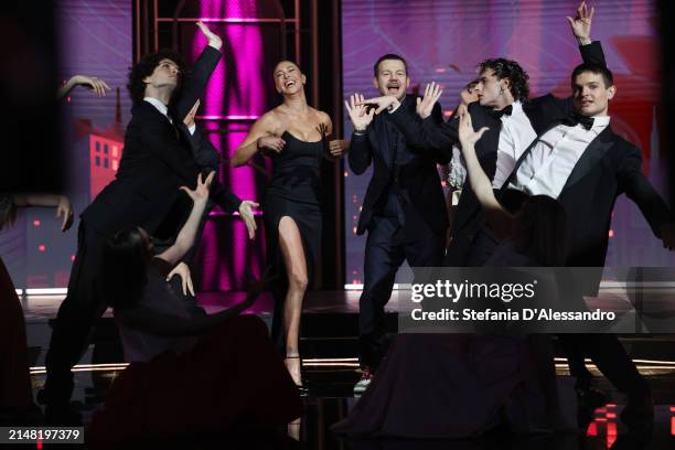 Belen Rodriguez and Alessandro Cattelan attend the "Stasera C'è Cattelan" TV Show on April 10, 2024 in Milan, Italy.