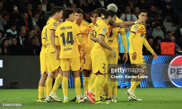 Andreas Christensen of FC Barcelona celebrates his first goal with teammattes during the UEFA Champions League quarter-final first leg match between...