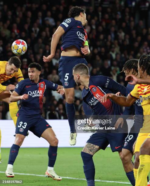 Andreas Christensen of FC Barcelona score his first goal over Marquinhos of Paris Saint-Germain during the UEFA Champions League quarter-final first...