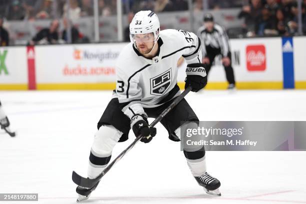 Viktor Arvidsson of the Los Angeles Kings looks on during the third period of a game against the Anaheim Ducks at Honda Center on April 09, 2024 in...