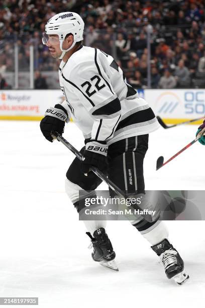 Kevin Fiala of the Los Angeles Kings looks on during the third period of a game against the Anaheim Ducks at Honda Center on April 09, 2024 in...