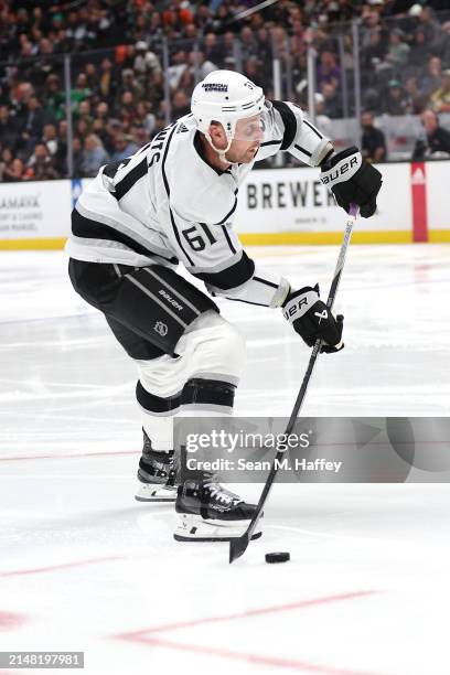 Trevor Lewis of the Los Angeles Kings shoots the puck during the third period of a game against the Anaheim Ducks at Honda Center on April 09, 2024...