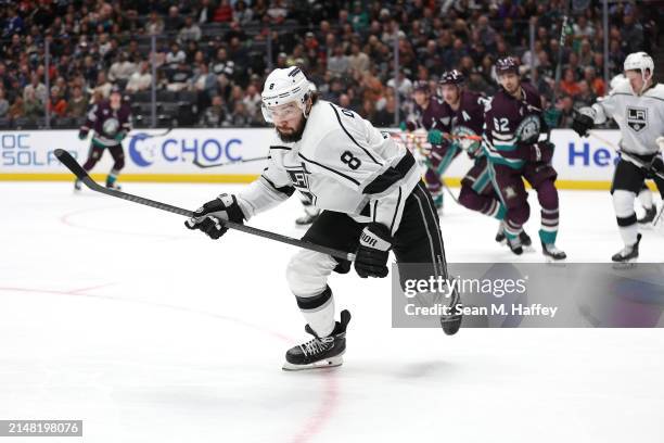 Drew Doughty of the Los Angeles Kings skates during the first period of a game against the Anaheim Ducks at Honda Center on April 09, 2024 in...