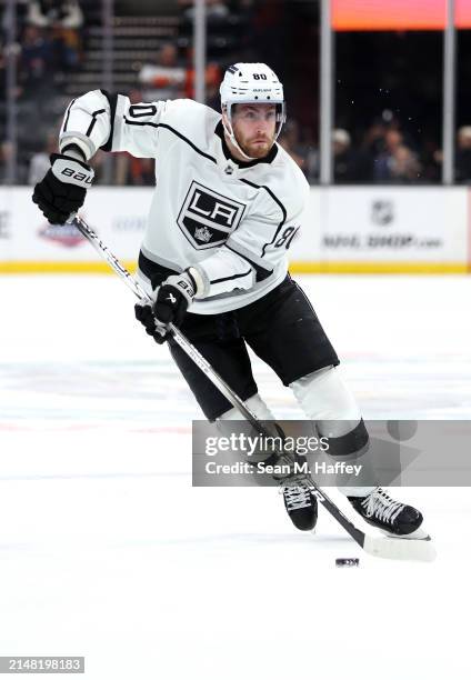 Pierre-Luc Dubois of the Los Angeles Kings controls the puck during the first period of a game against the Anaheim Ducks at Honda Center on April 09,...