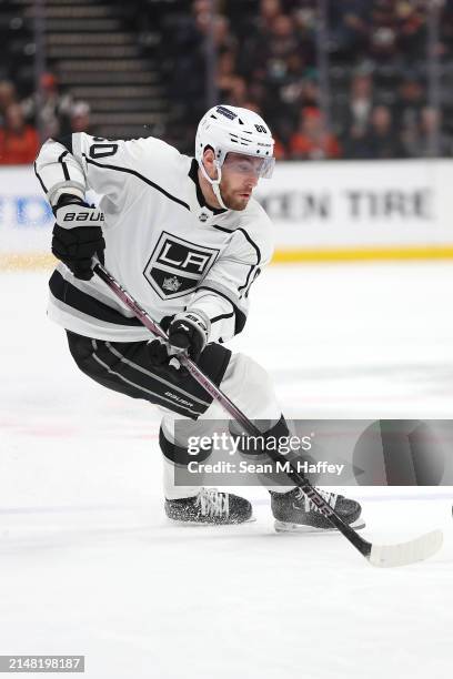 Pierre-Luc Dubois of the Los Angeles Kings controls the puck during the first period of a game against the Anaheim Ducks at Honda Center on April 09,...