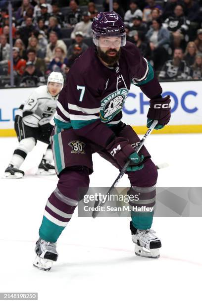 Radko Gudas of the Anaheim Ducks looks on during the third period of a game against the Los Angeles Kings at Honda Center on April 09, 2024 in...