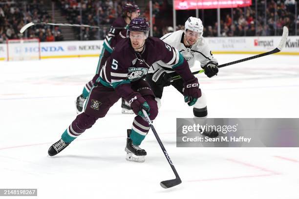 Urho Vaakanainen of the Anaheim Ducks skates to a puck during the third period of a game against the Los Angeles Kings at Honda Center on April 09,...