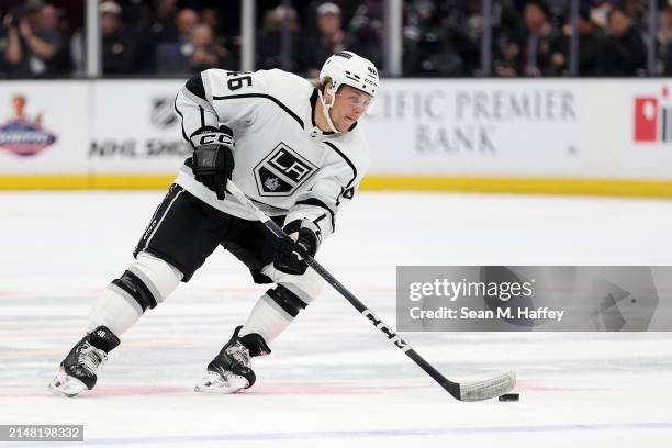 Blake Lizotte of the Los Angeles Kings skates with the puck during the first period of a game against the Anaheim Ducks at Honda Center on April 09,...