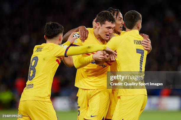 Andreas Christensen of FC Barcelona celebrates after scoring their side's third goal with his teammates during the UEFA Champions League...