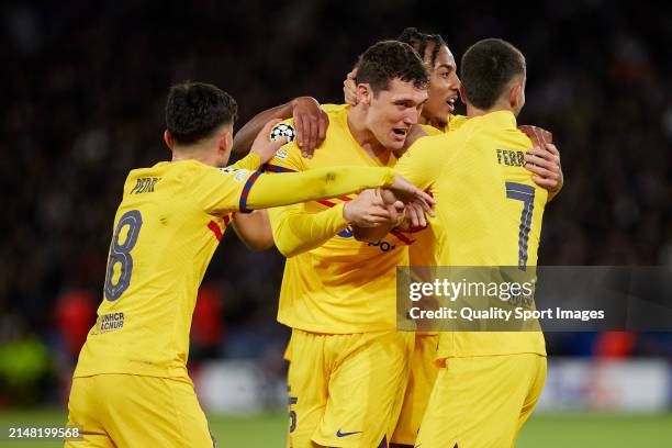 Andreas Christensen of FC Barcelona celebrates after scoring their side's third goal with his teammates during the UEFA Champions League...