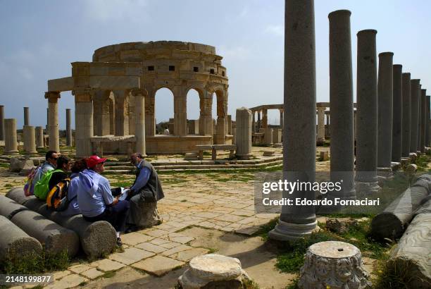 View of sightseers in the marketplace at the Leptis Magna archaeological site, Libya, March 18, 2007.