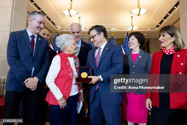 Rosie" Mae Krier is presented the Congressional Gold Medal Ceremony for the "Rosie the Riveter" women at the U.S. Capitol on April 10, 2024 in...