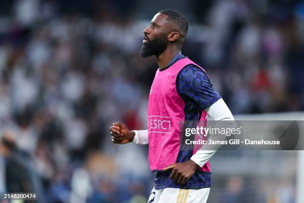 Antonio Rudiger of Real Madrid prior to the UEFA Champions League quarter-final first leg match between Real Madrid CF and Manchester City at Estadio...