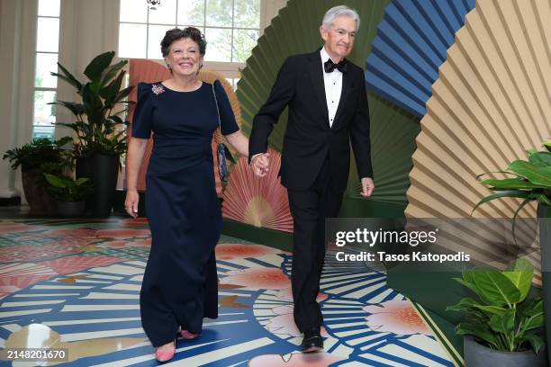 Federal Reserve Chairman Jerome Powell and his wife Elissa Leonard arrive at the White House for a state dinner on April 10, 2024 in Washington, DC....