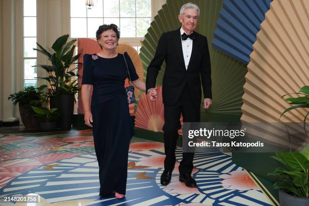 Federal Reserve Chairman Jerome Powell and his wife Elissa Leonard arrive at the White House for a state dinner on April 10, 2024 in Washington, DC....