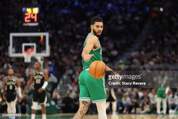 Jayson Tatum of the Boston Celtics waits for a pass during a game against the Milwaukee Bucks at Fiserv Forum on April 09, 2024 in Milwaukee,...
