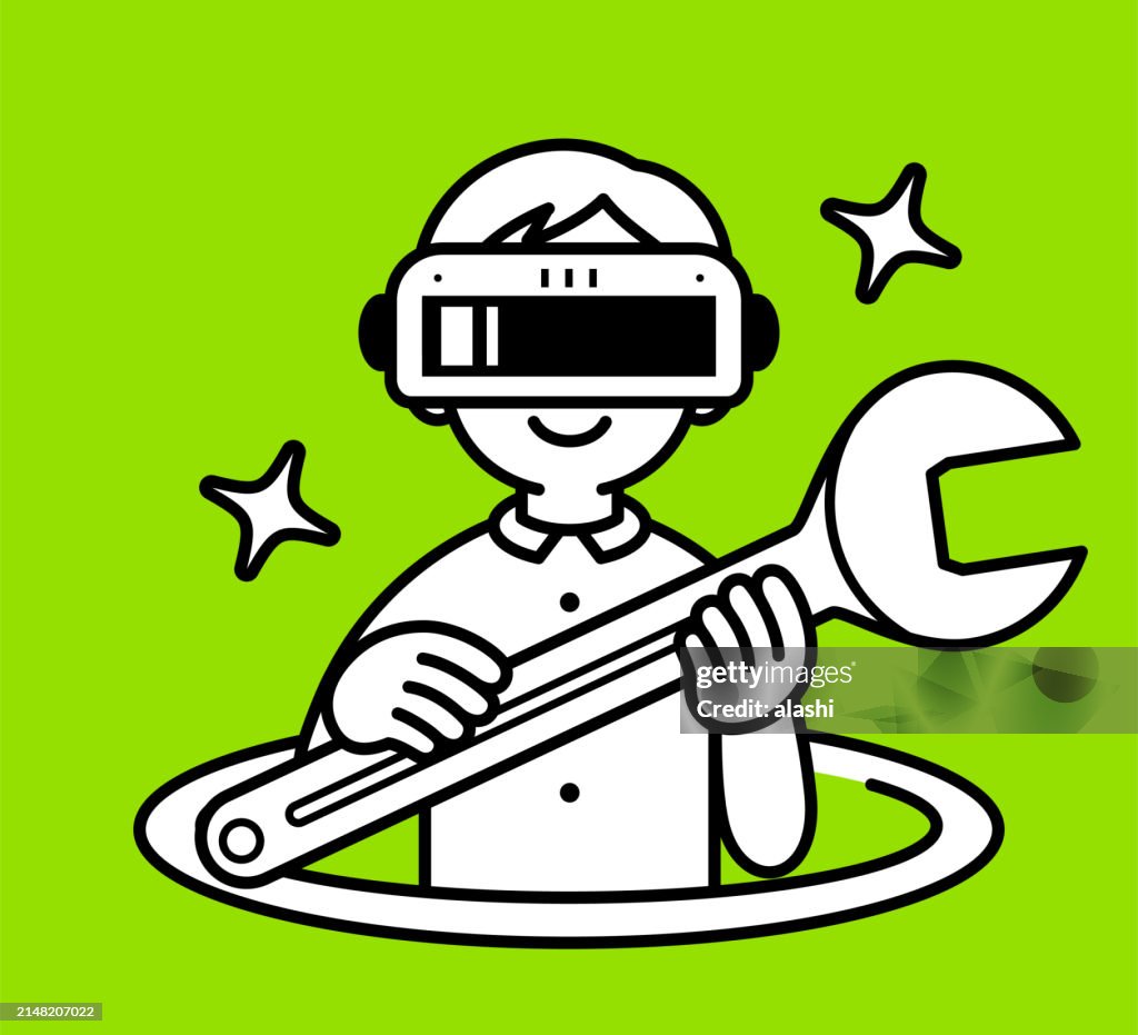 A boy wearing a virtual reality headset or VR glasses pops out of a virtual hole and into the metaverse, holding a big wrench, looking at the viewer, minimalist style, black and white outline