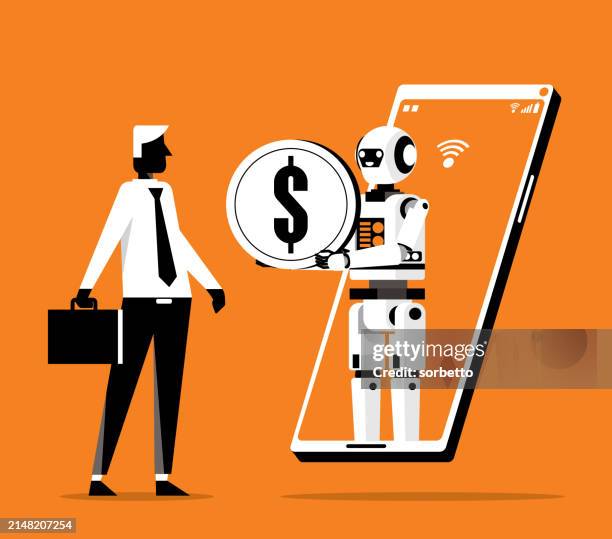 robot holding a money - mobile phone - businessman - machine learning finance stock illustrations