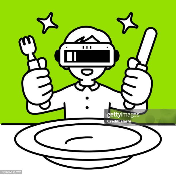 a boy wearing a virtual reality headset or vr glasses pops out of a virtual hole and into the metaverse, holding a fork and a knife, sitting down to a meal, in front of a big empty plate, looking at the viewer, minimalist style, black and white outline - breakfast with view stock illustrations