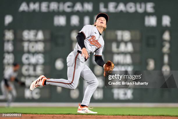 Jackson Holliday of the Baltimore Orioles watches a hit ball during the third inning of his MLB debut against the Boston Red Sox at Fenway Park on...