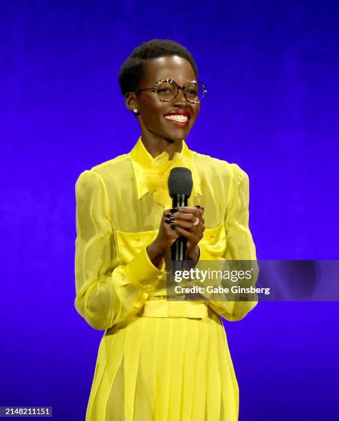 Lupita Nyong'o speaks onstage during the Universal Pictures and Focus Features Presentation during CinemaCon 2024 at The Colosseum at Caesars Palace...