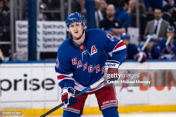 Adam Fox of the New York Rangers skates during the third period of a game against the Pittsburgh Penguins at Madison Square Garden on April 01, 2024...