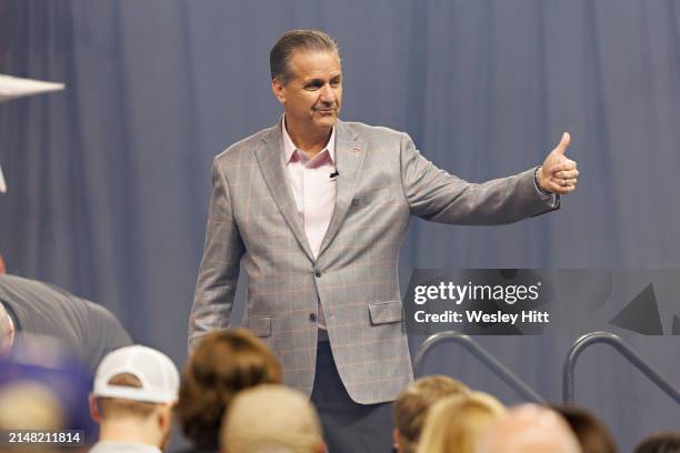 New head coach John Calipari of the Arkansas Razorbacks is introduced to the fans and the media at Bud Walton Arena on April 10, 2024 in...