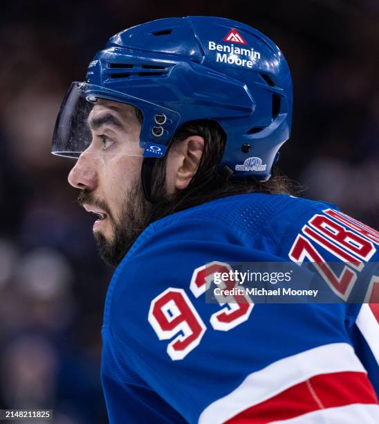 Mika Zibanejad of the New York Rangers skates during the third period of a game against the Pittsburgh Penguins at Madison Square Garden on April 01,...