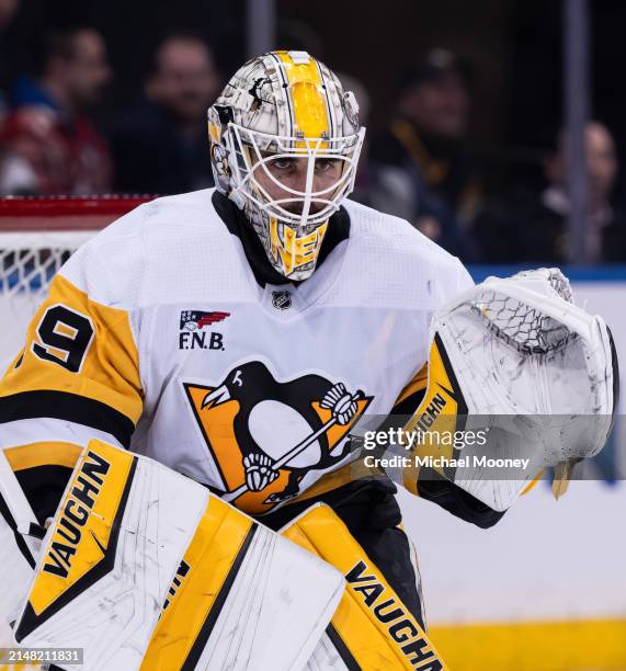 Alex Nedeljkovic of the Pittsburgh Penguins watches a third period faceoff during a game against the New York Rangers at Madison Square Garden on...