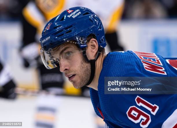 Alex Wennberg of the New York Rangers awaits a third period faceoff during a game against the Pittsburgh Penguins at Madison Square Garden on April...