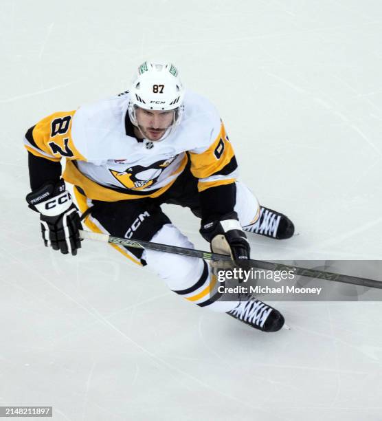 Sidney Crosby of the Pittsburgh Penguins skates during the second period of a game against the New York Rangers at Madison Square Garden on April 01,...